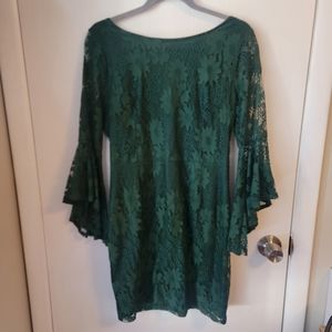 Lulus Alure 'Em in Forest Green Lace Flounce Sleeve Dress